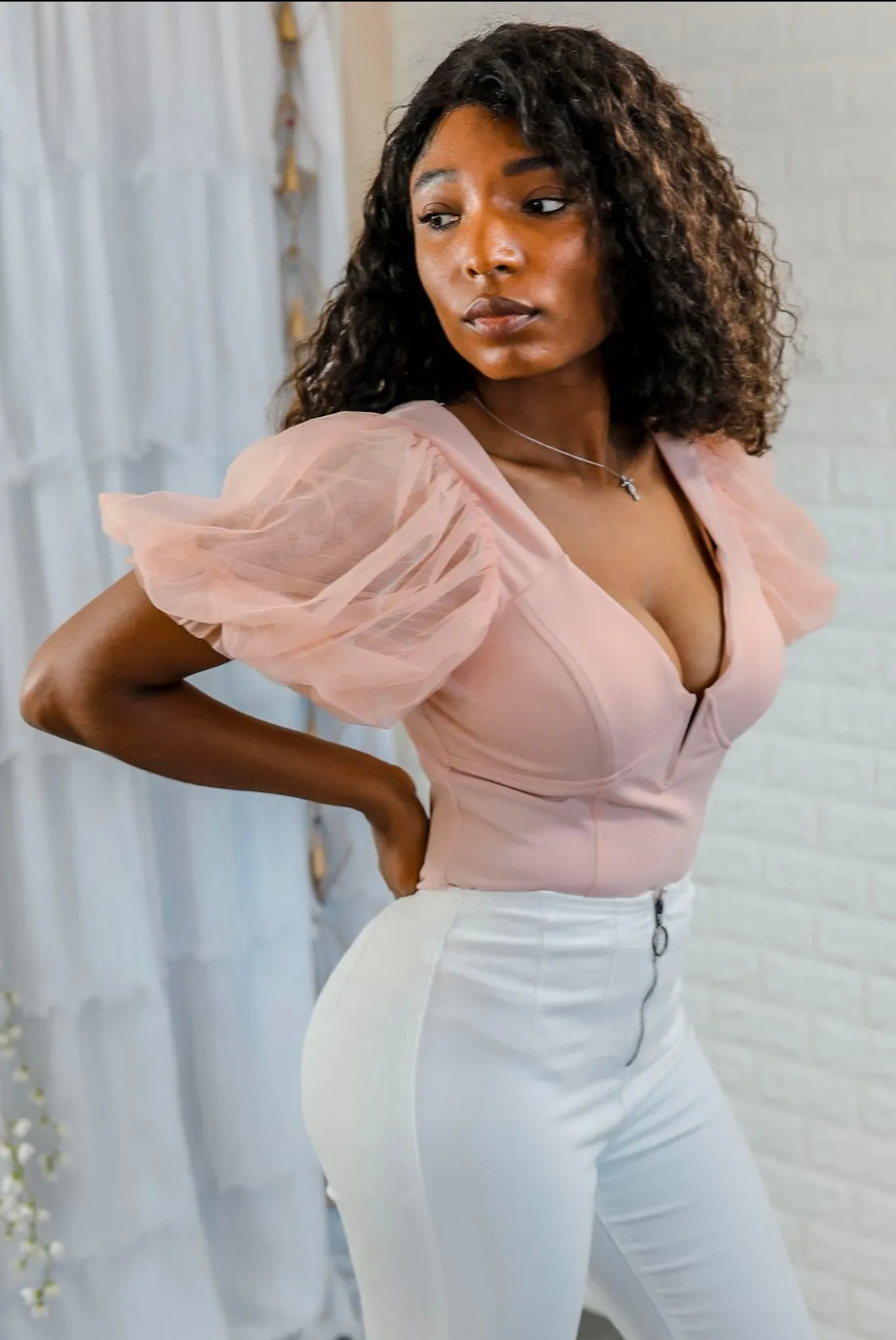 Mesh About it Puff Mesh Sleeves Bodysuit