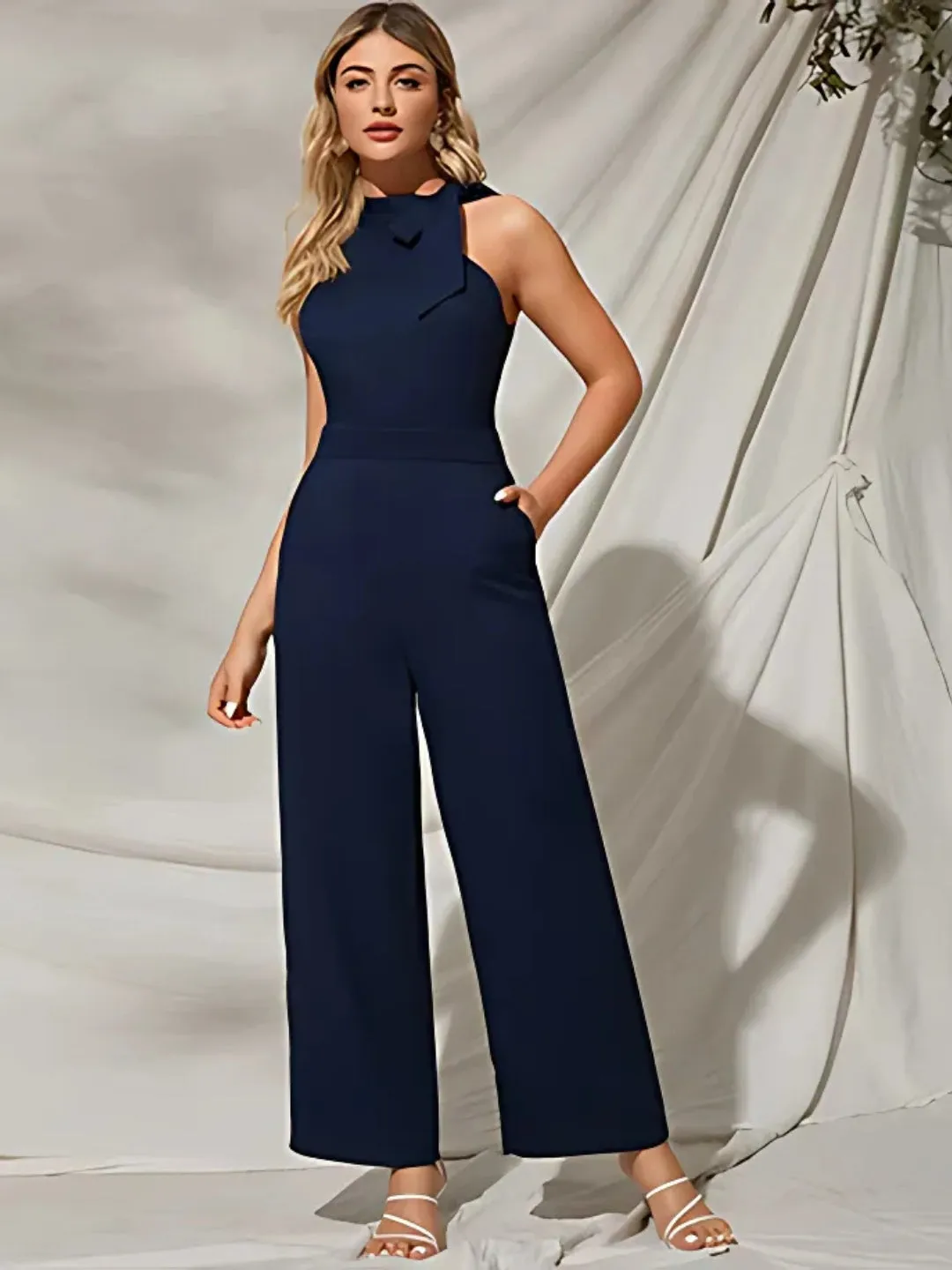 Navy Blue Beauty: High-Waist Wide-Leg Sleeveless Jumpsuit