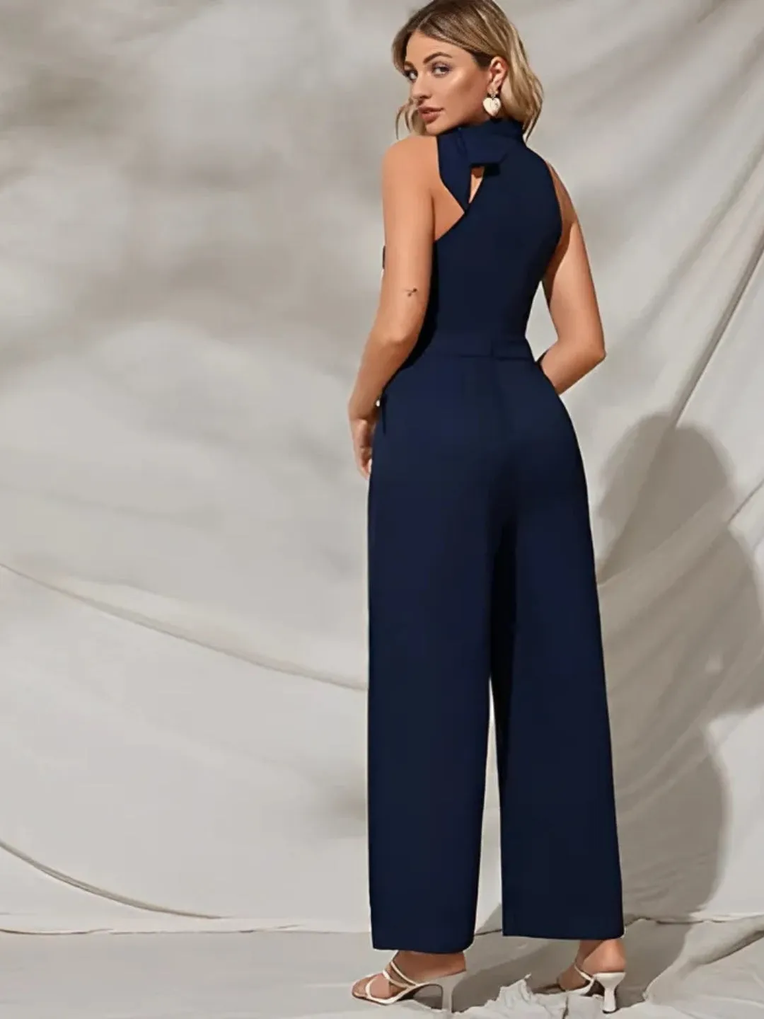 Navy Blue Beauty: High-Waist Wide-Leg Sleeveless Jumpsuit