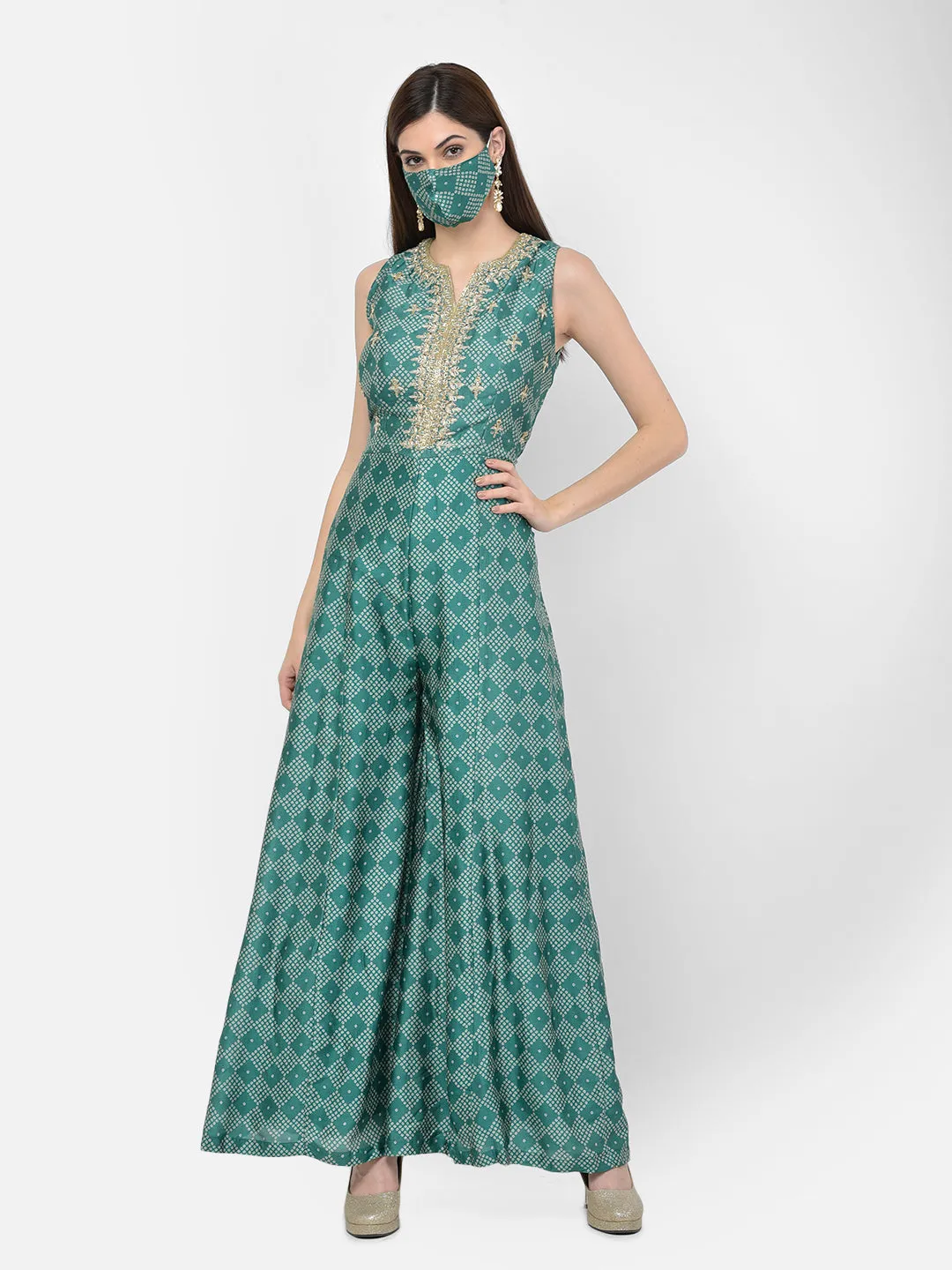 Neeru's Green Color Silk Fabric Jump Suit