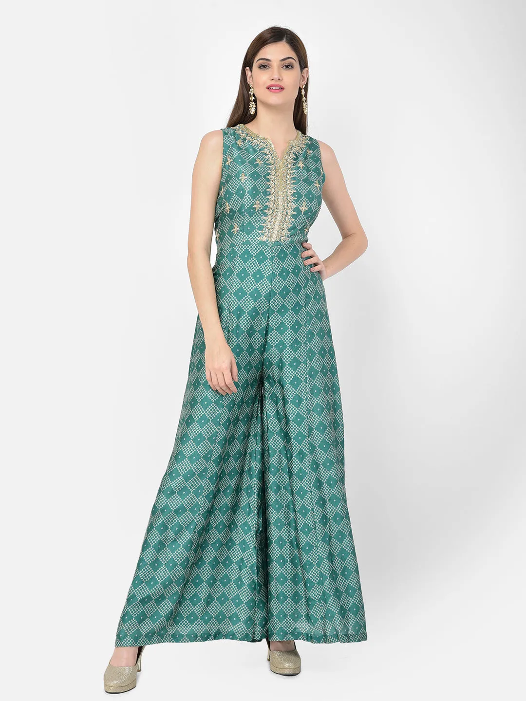 Neeru's Green Color Silk Fabric Jump Suit
