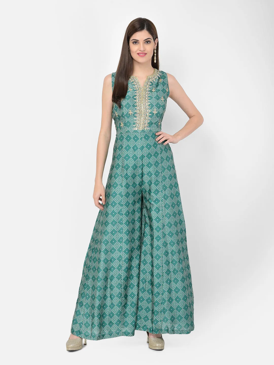 Neeru's Green Color Silk Fabric Jump Suit