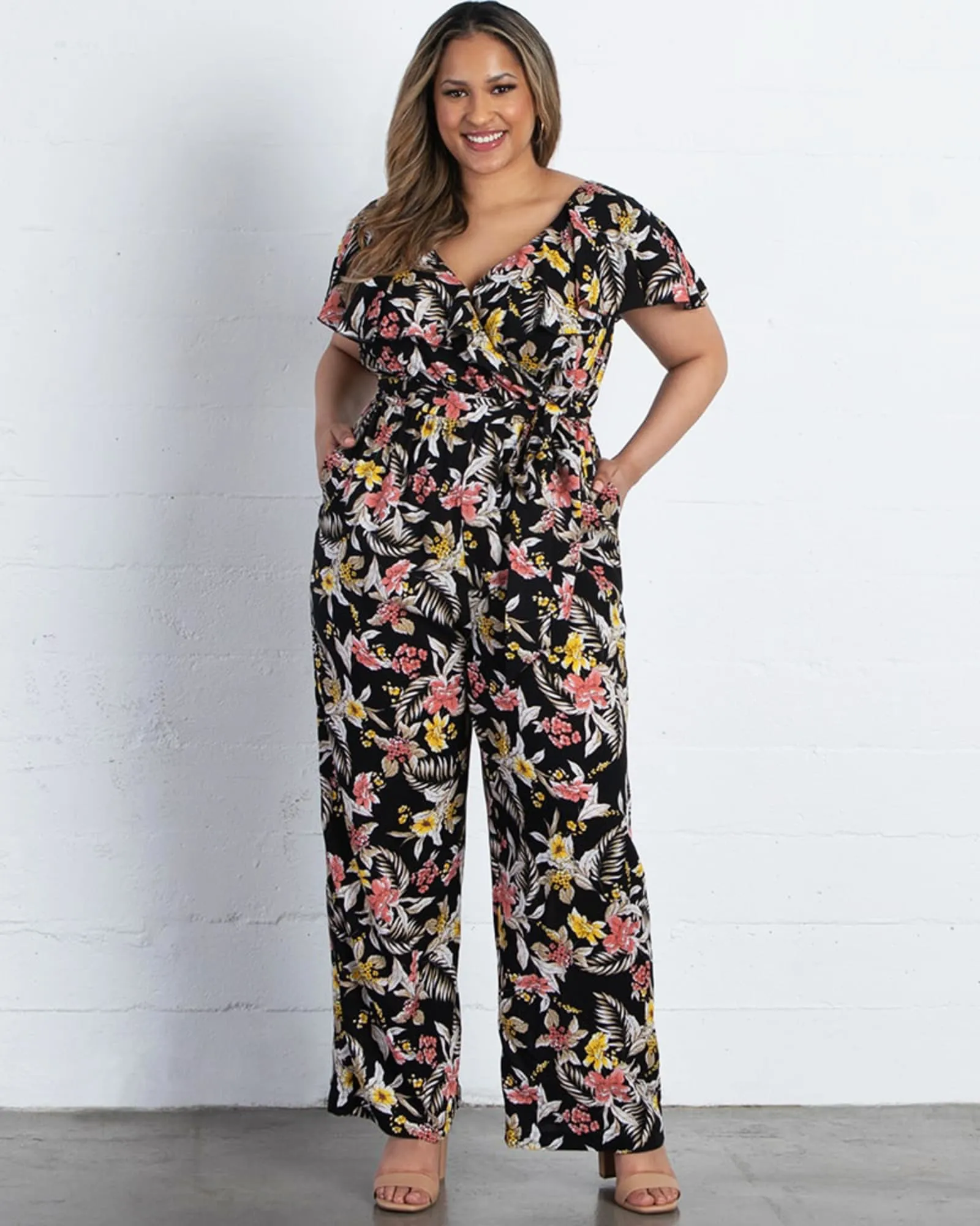 Odessa Ruffle Jumpsuit | BLACK TROPICAL BLOOMS