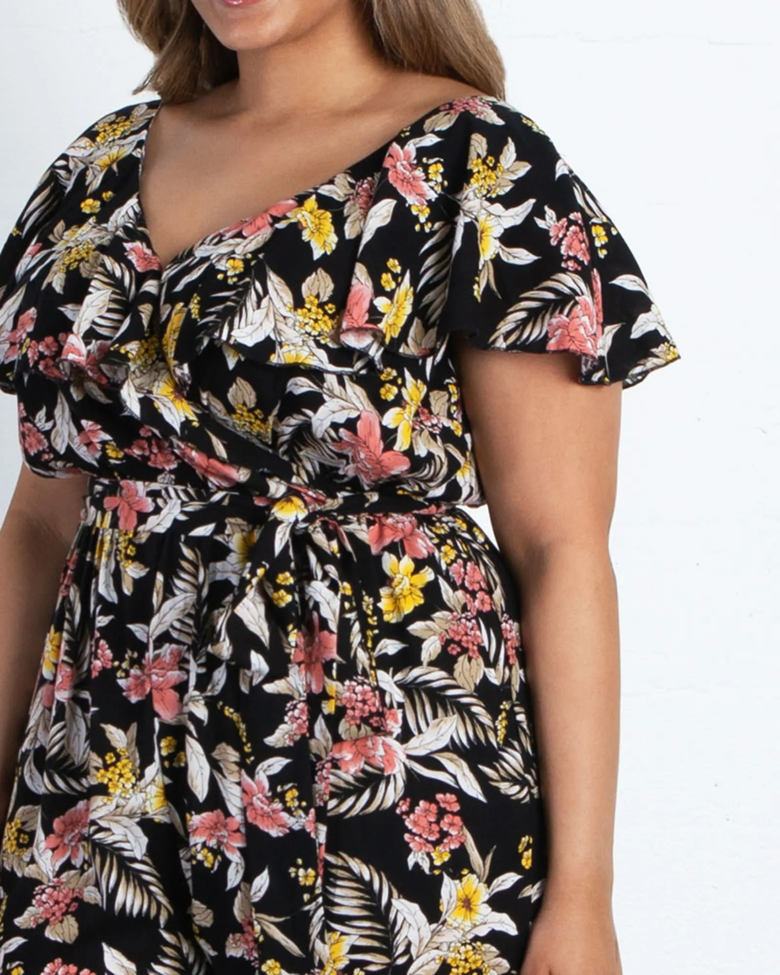 Odessa Ruffle Jumpsuit | BLACK TROPICAL BLOOMS