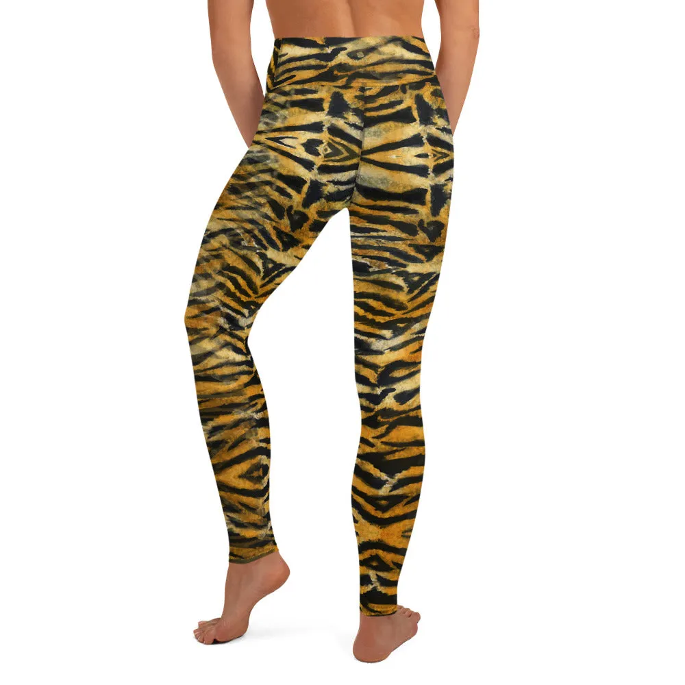 Orange Tiger Stripe Yoga Leggings, Women's Striped Animal Print Tights-Made in USA/EU
