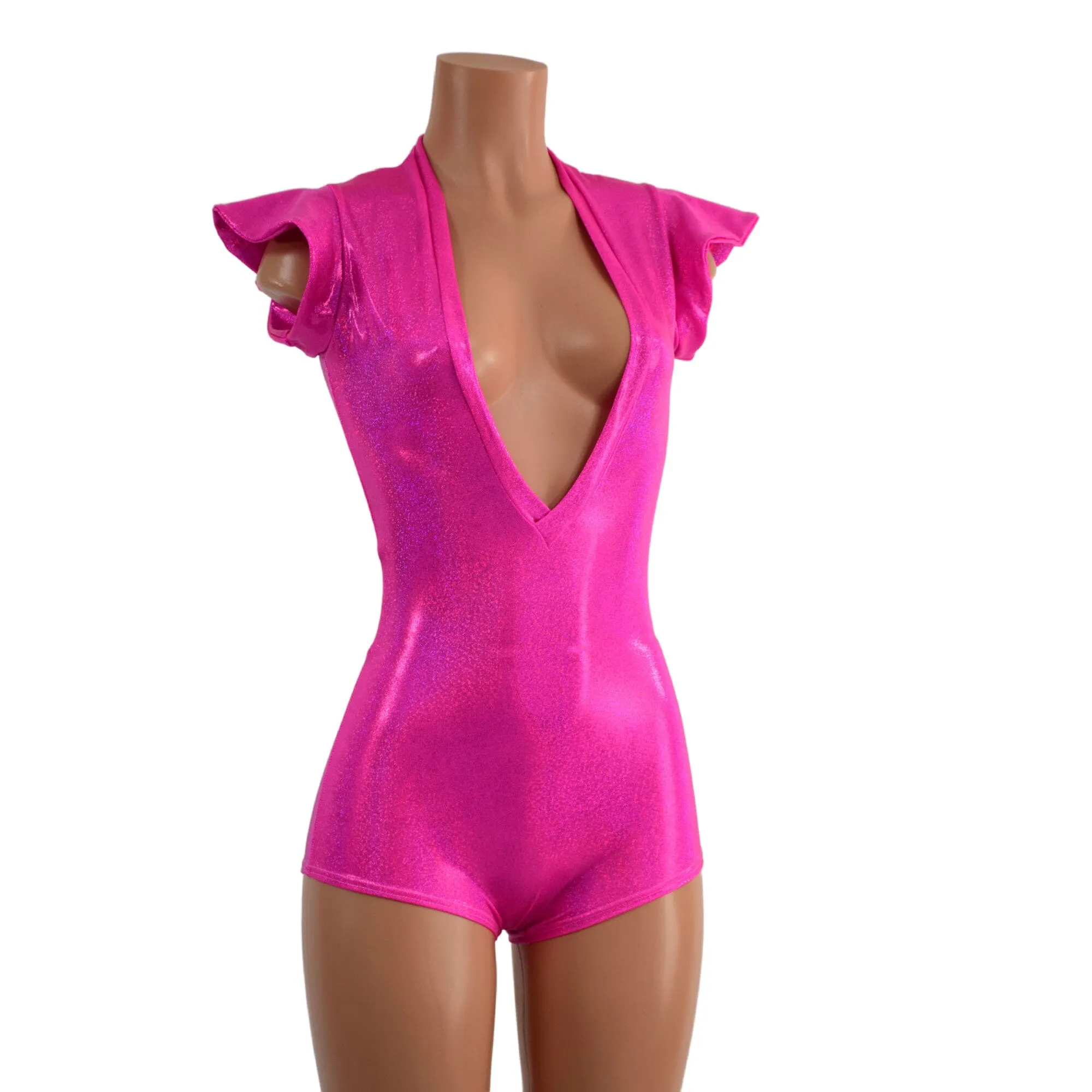 Plunging V Neck Holographic Romper