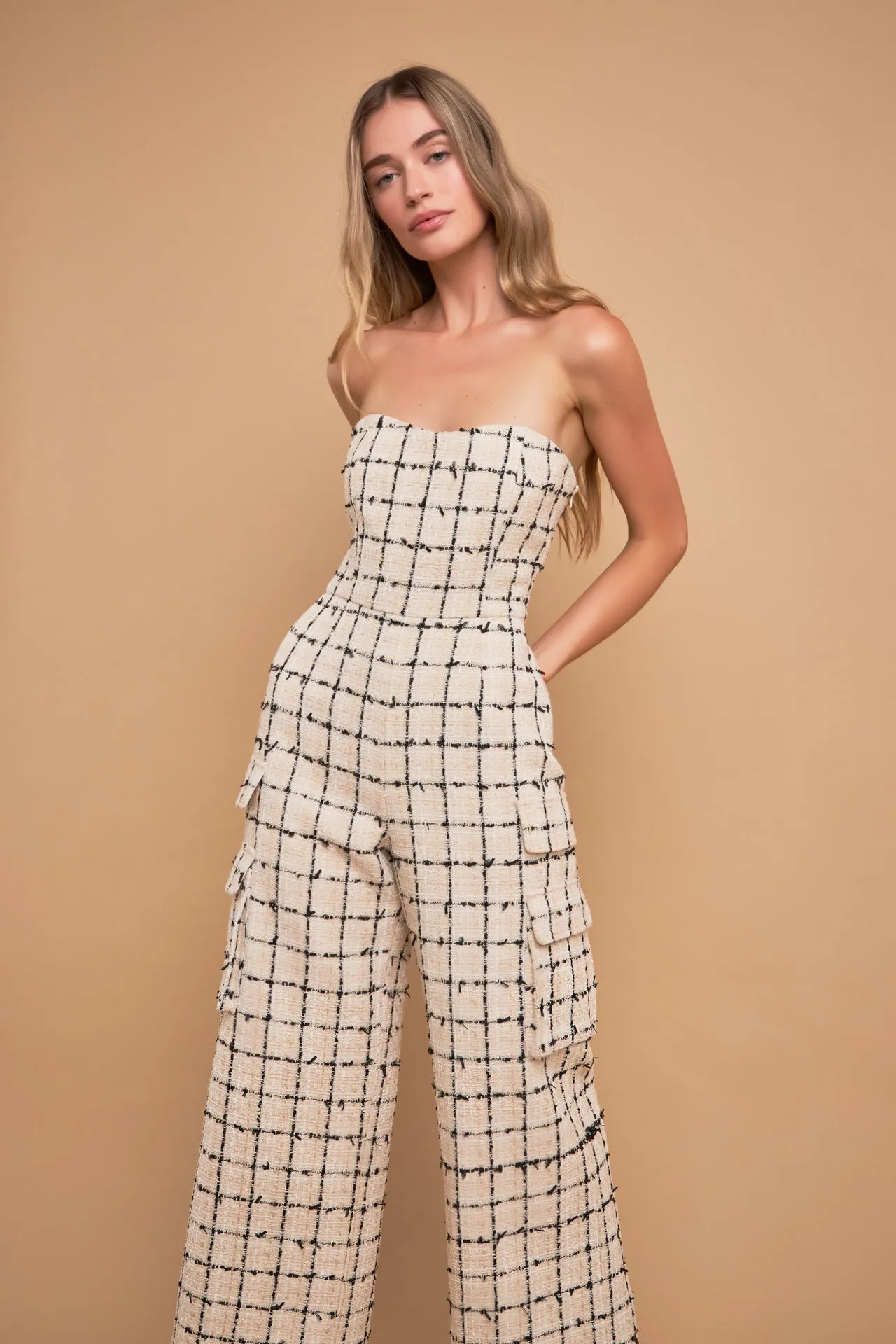 Premium Tweed Sleeveless Cargo Jumpsuit