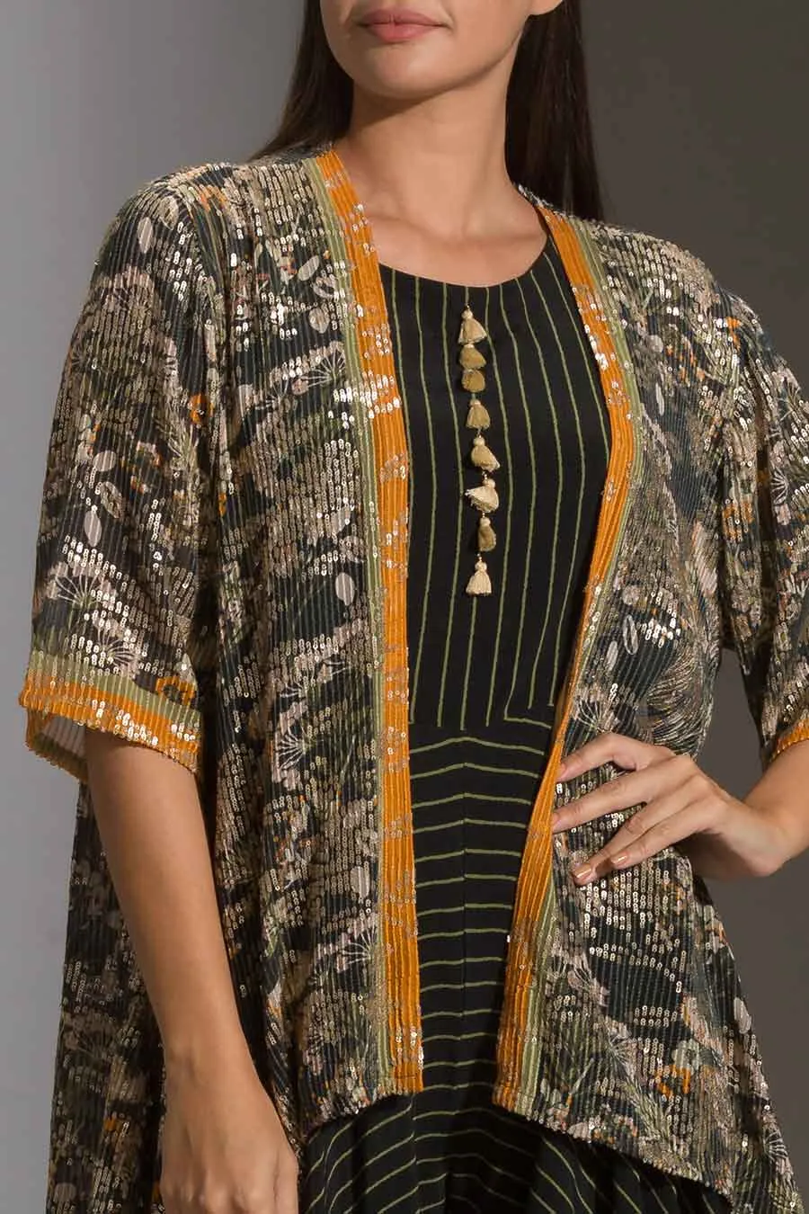 Printed Dhoti Jumpsuit & Sequin Jacket Set