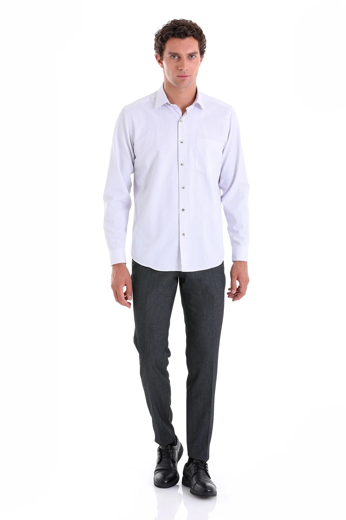 Regular Fit Lilac Pinstriped Cotton Blend Dress Shirt