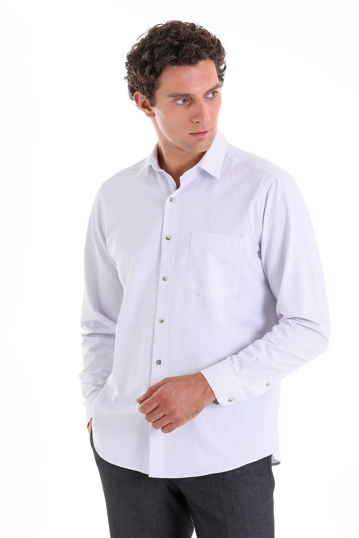 Regular Fit Lilac Pinstriped Cotton Blend Dress Shirt