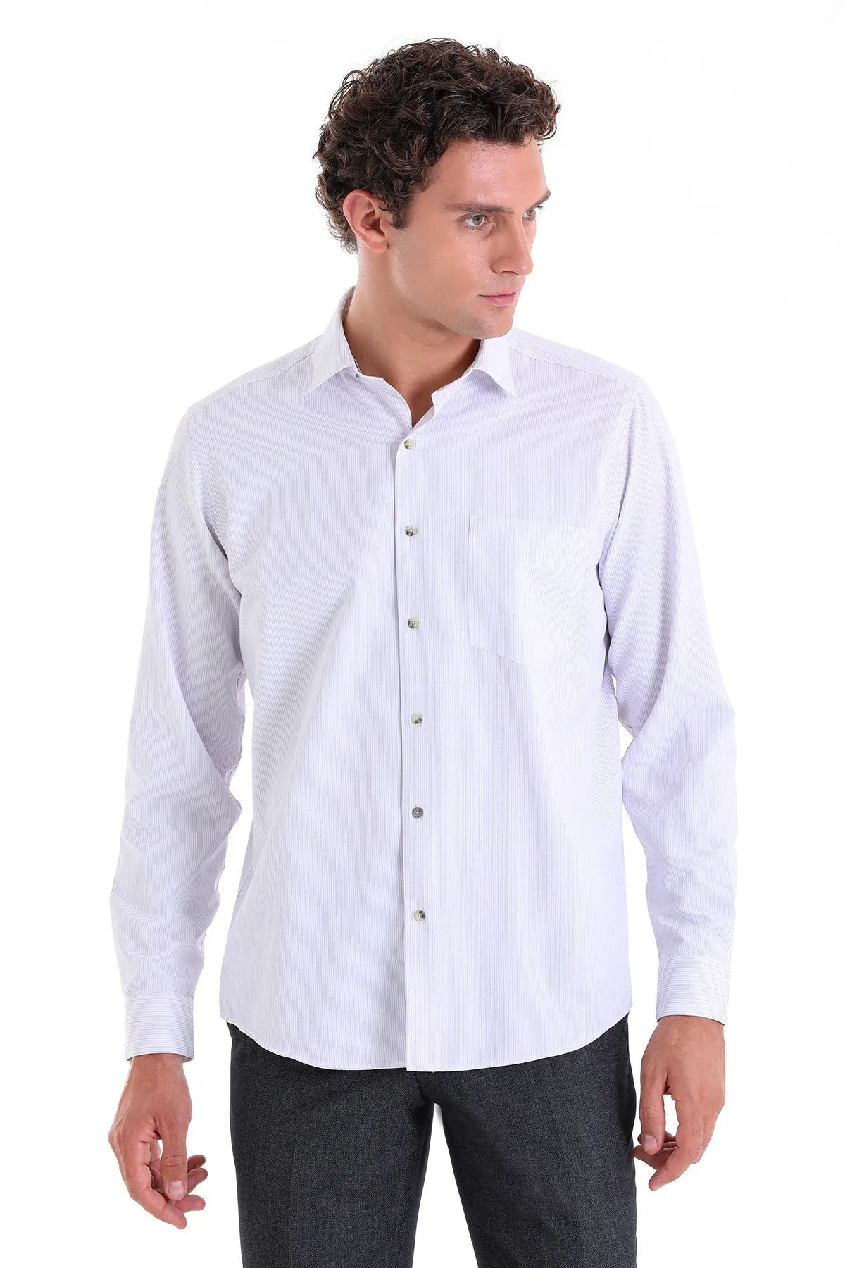 Regular Fit Lilac Pinstriped Cotton Blend Dress Shirt