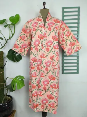 Reversible Pure Cotton Kantha Quilted Unisex Pink Floral Kimono | Perfect Dressing Fall Autumn Winter Boho Indian Block Printed Stripes Robe