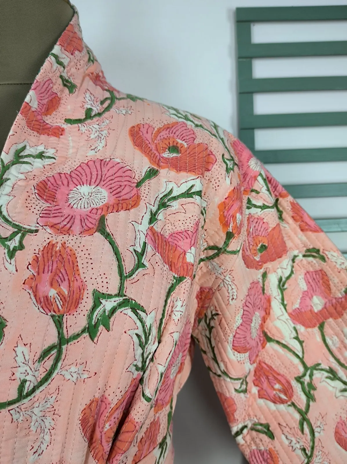 Reversible Pure Cotton Kantha Quilted Unisex Pink Floral Kimono | Perfect Dressing Fall Autumn Winter Boho Indian Block Printed Stripes Robe