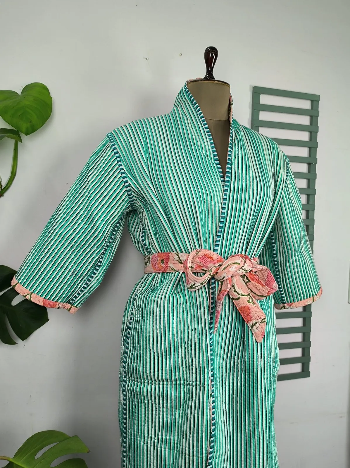 Reversible Pure Cotton Kantha Quilted Unisex Pink Floral Kimono | Perfect Dressing Fall Autumn Winter Boho Indian Block Printed Stripes Robe