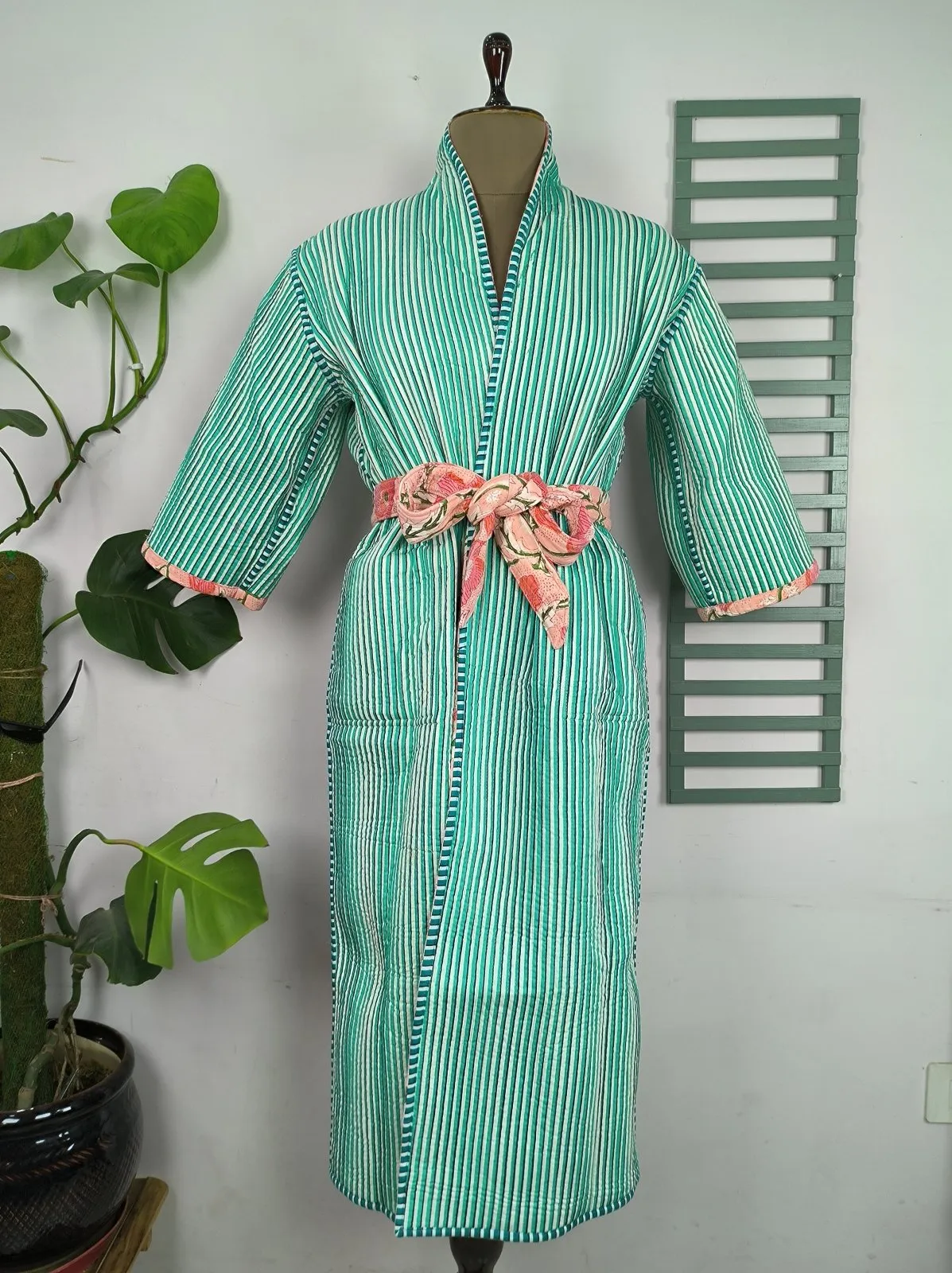 Reversible Pure Cotton Kantha Quilted Unisex Pink Floral Kimono | Perfect Dressing Fall Autumn Winter Boho Indian Block Printed Stripes Robe