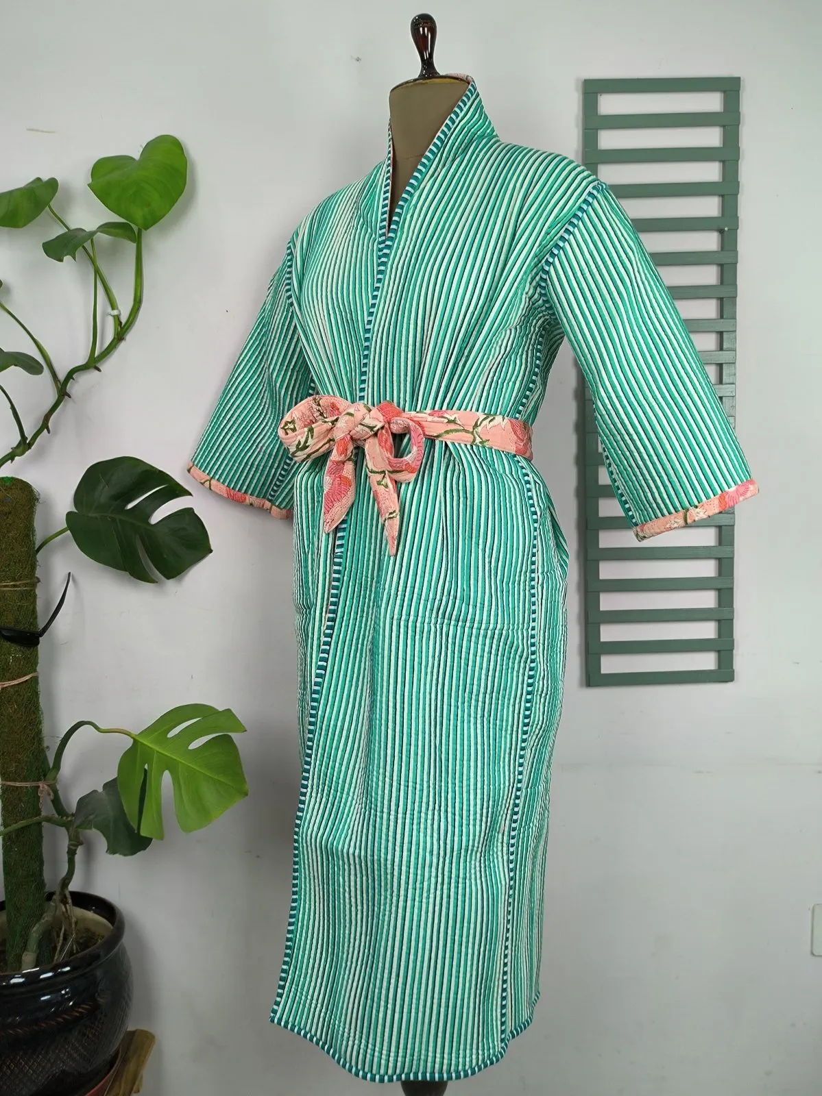 Reversible Pure Cotton Kantha Quilted Unisex Pink Floral Kimono | Perfect Dressing Fall Autumn Winter Boho Indian Block Printed Stripes Robe
