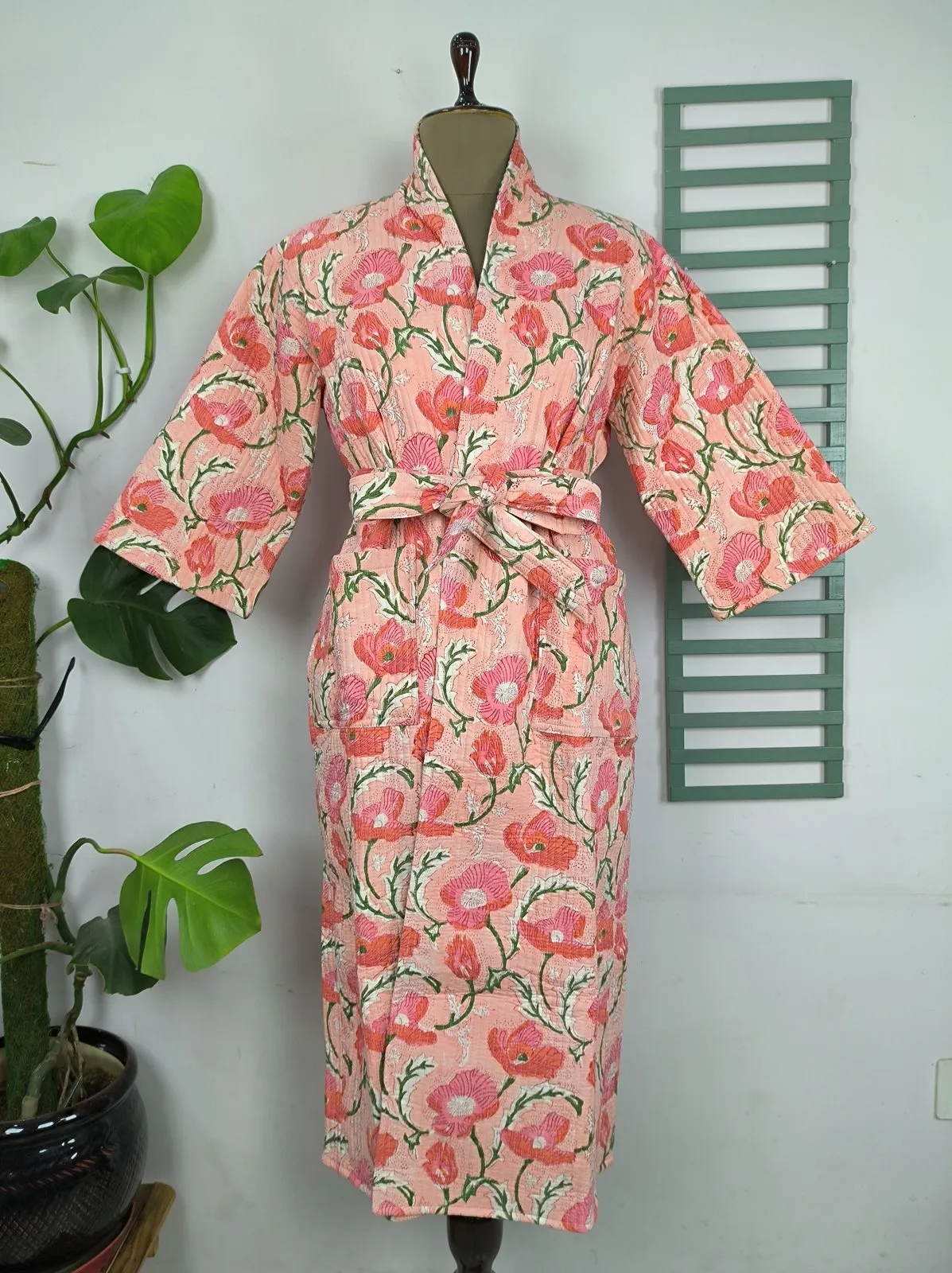 Reversible Pure Cotton Kantha Quilted Unisex Pink Floral Kimono | Perfect Dressing Fall Autumn Winter Boho Indian Block Printed Stripes Robe
