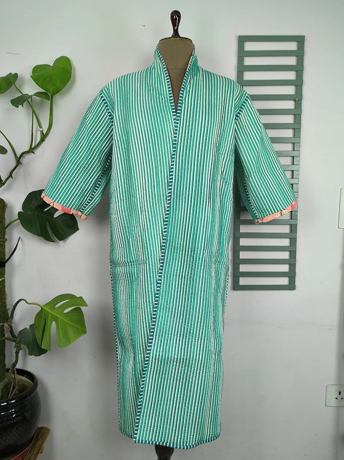 Reversible Pure Cotton Kantha Quilted Unisex Pink Floral Kimono | Perfect Dressing Fall Autumn Winter Boho Indian Block Printed Stripes Robe
