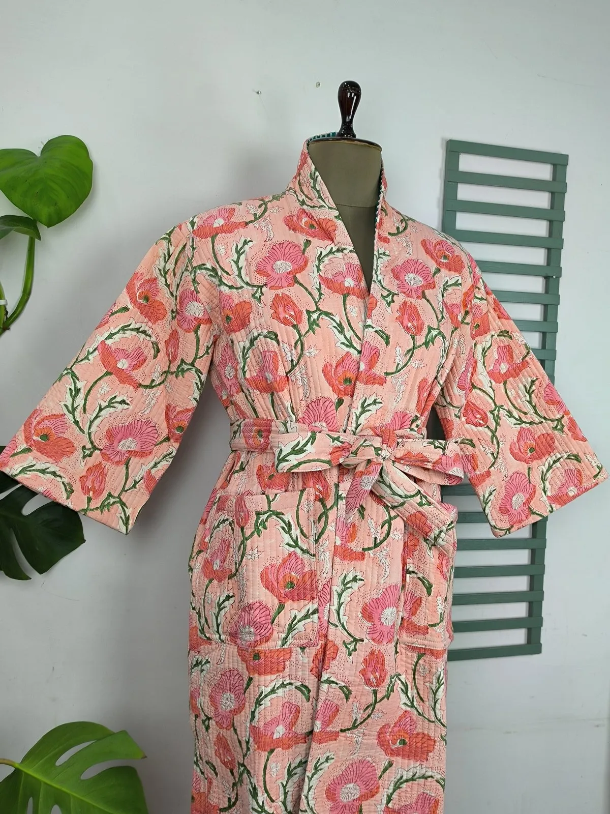 Reversible Pure Cotton Kantha Quilted Unisex Pink Floral Kimono | Perfect Dressing Fall Autumn Winter Boho Indian Block Printed Stripes Robe