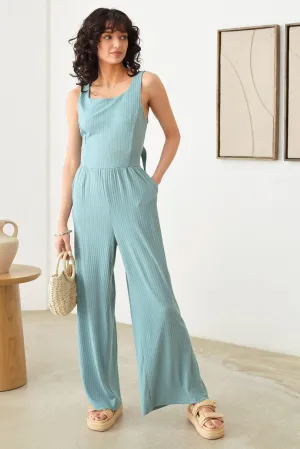 Ribbed Back Tie Detail Wide Leg Side Pocket Jumpsuit