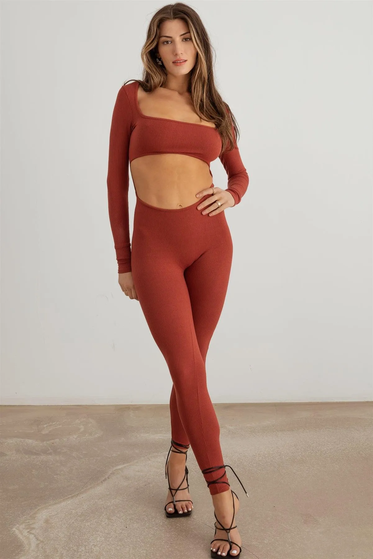 Ribbed Front Cut-Out Long Sleeve Jumpsuit