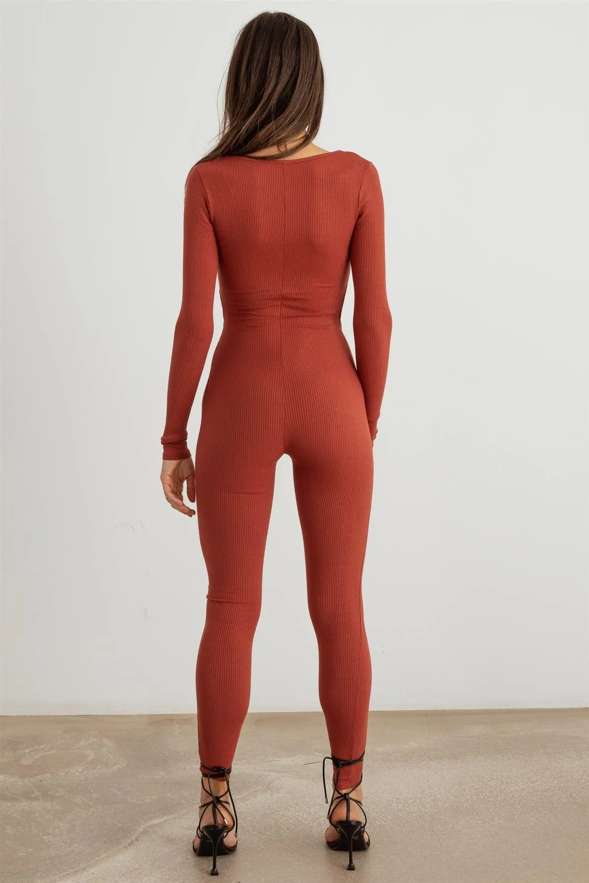 Ribbed Front Cut-Out Long Sleeve Jumpsuit