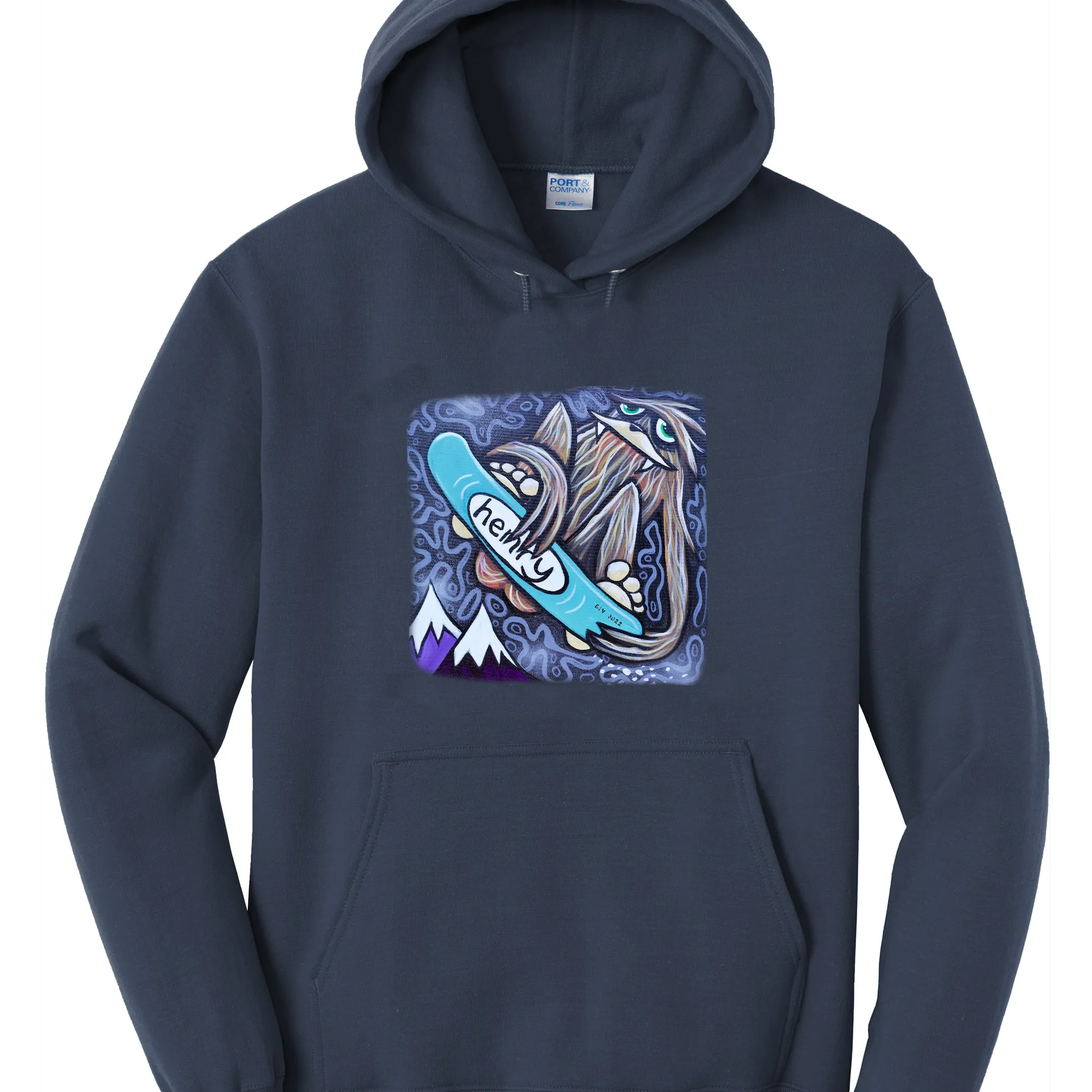 Sasquatch Snowboarder Navy Hoodie | Wearable Art by Seattle Mural Artist Ryan "Henry" Ward
