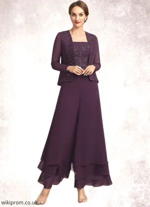 Savanna Jumpsuit/Pantsuit Square Neckline Ankle-Length Chiffon Lace Mother of the Bride Dress With Sequins SWK126P0014676