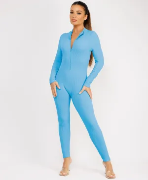Sky Blue Front Zip Ribbed Structured Contour Jumpsuit