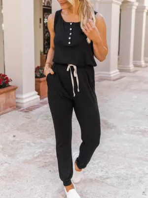 Sleeveless Lace-up Casual Solid Jumpsuit