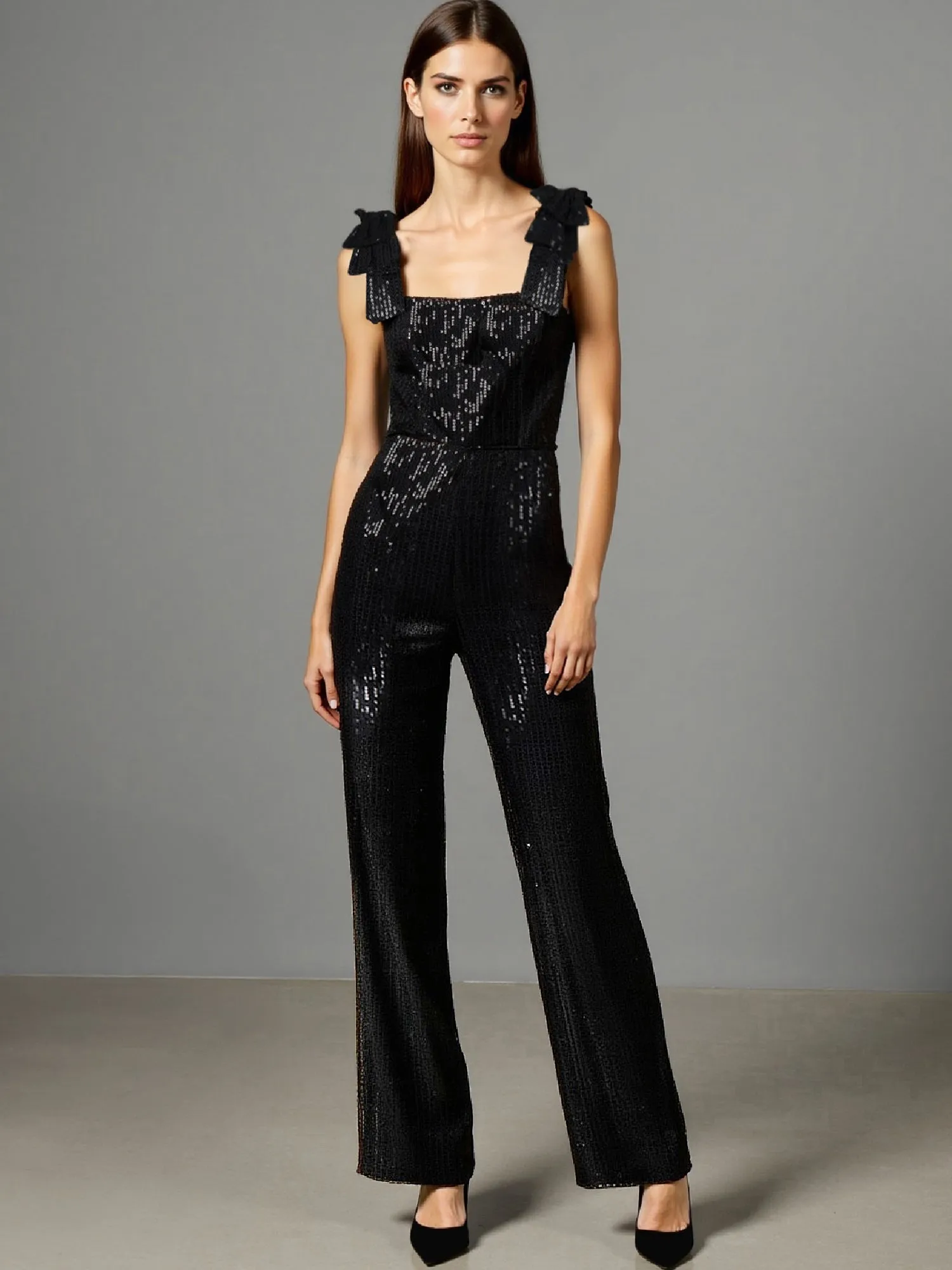 Sleeveless Sequin Bow Shoulder Jumpsuit