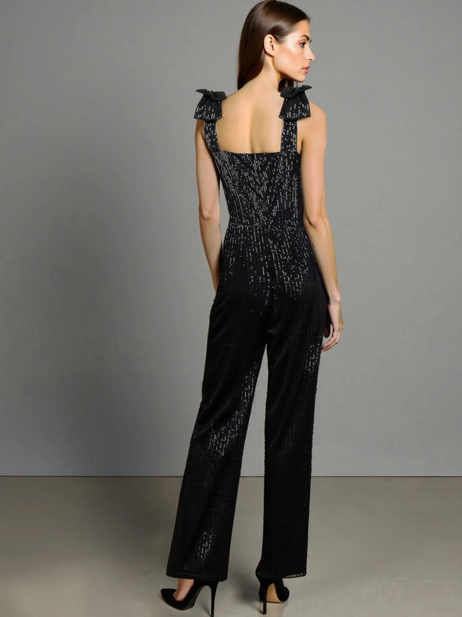 Sleeveless Sequin Bow Shoulder Jumpsuit