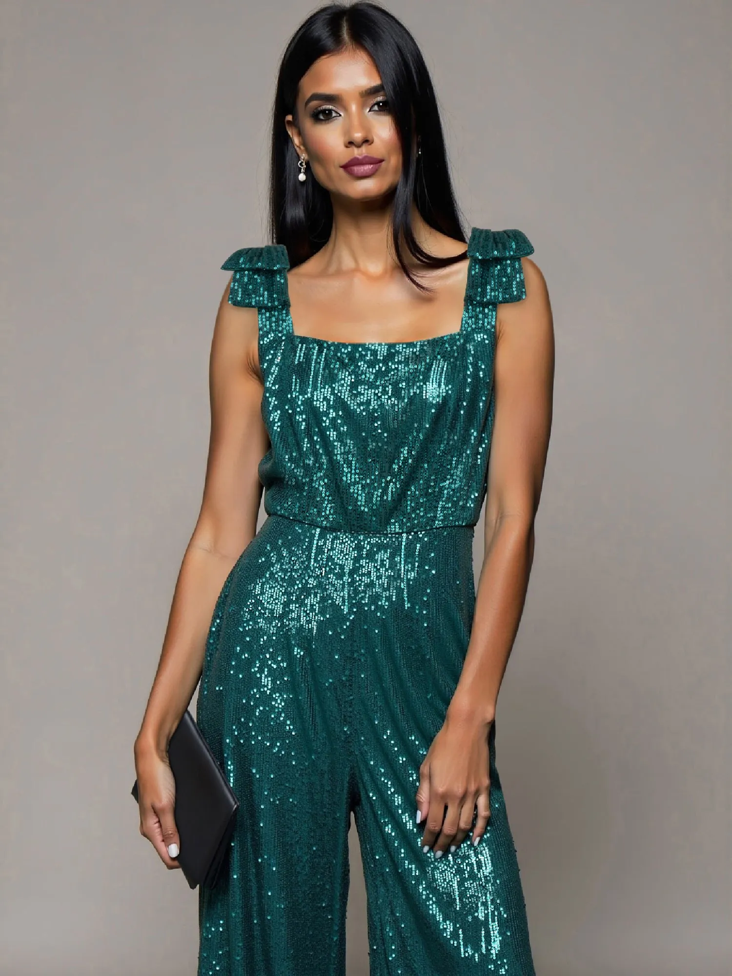 Sleeveless Sequin Bow Shoulder Jumpsuit