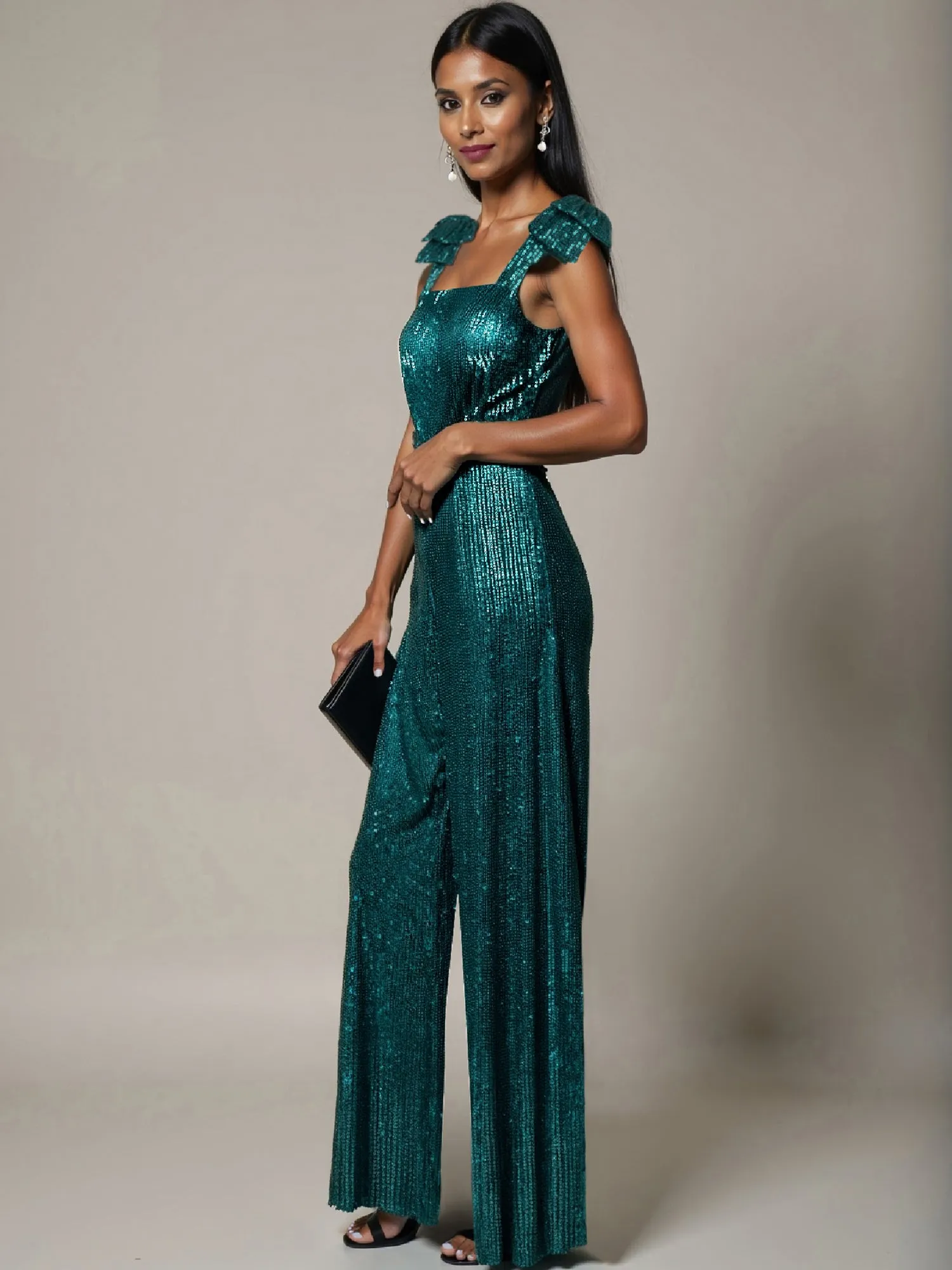 Sleeveless Sequin Bow Shoulder Jumpsuit