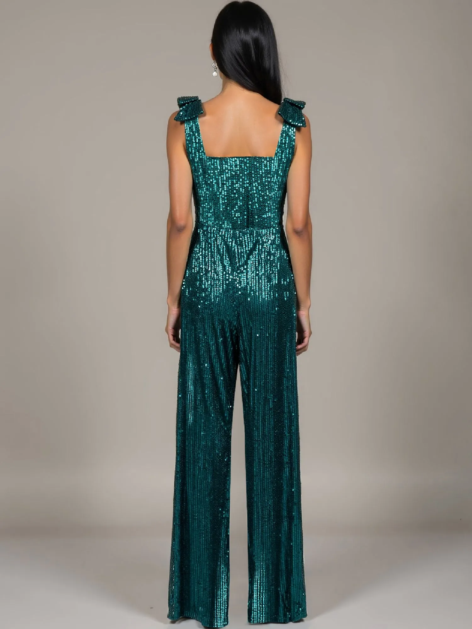 Sleeveless Sequin Bow Shoulder Jumpsuit