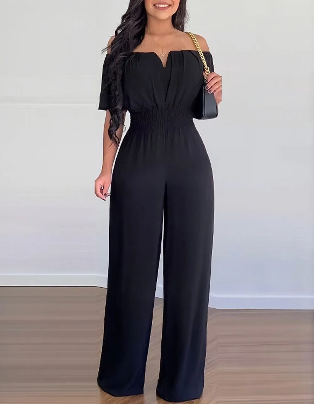 Solid-color Plain Off The Shoulder Backless Loose Straight Jumpsuit