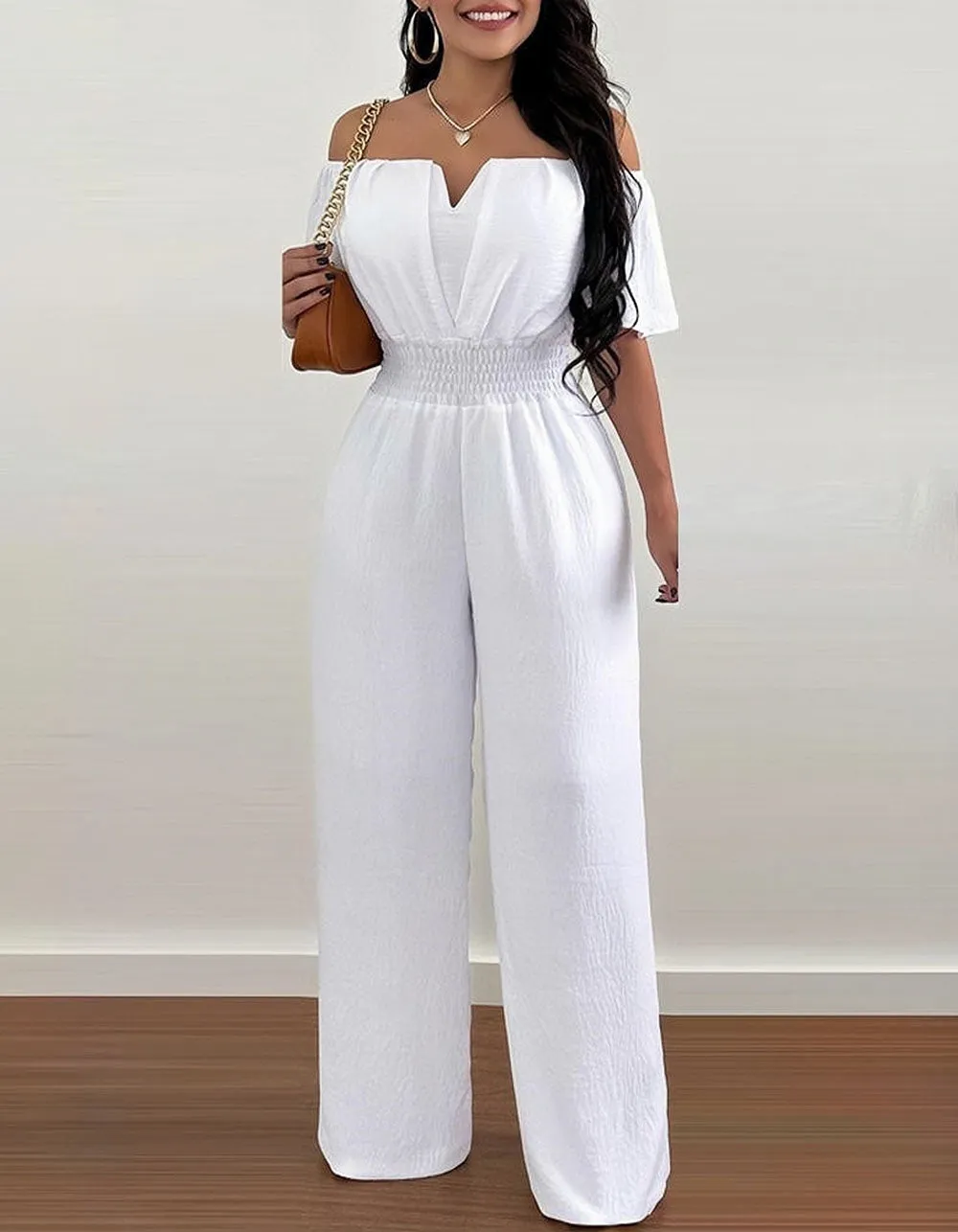 Solid-color Plain Off The Shoulder Backless Loose Straight Jumpsuit