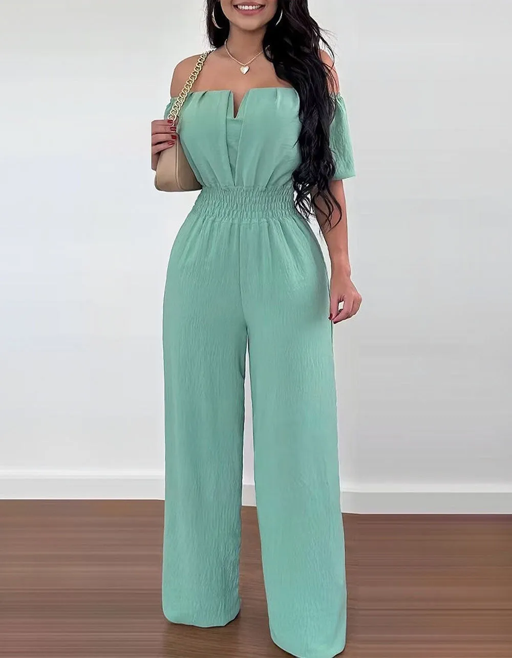 Solid-color Plain Off The Shoulder Backless Loose Straight Jumpsuit