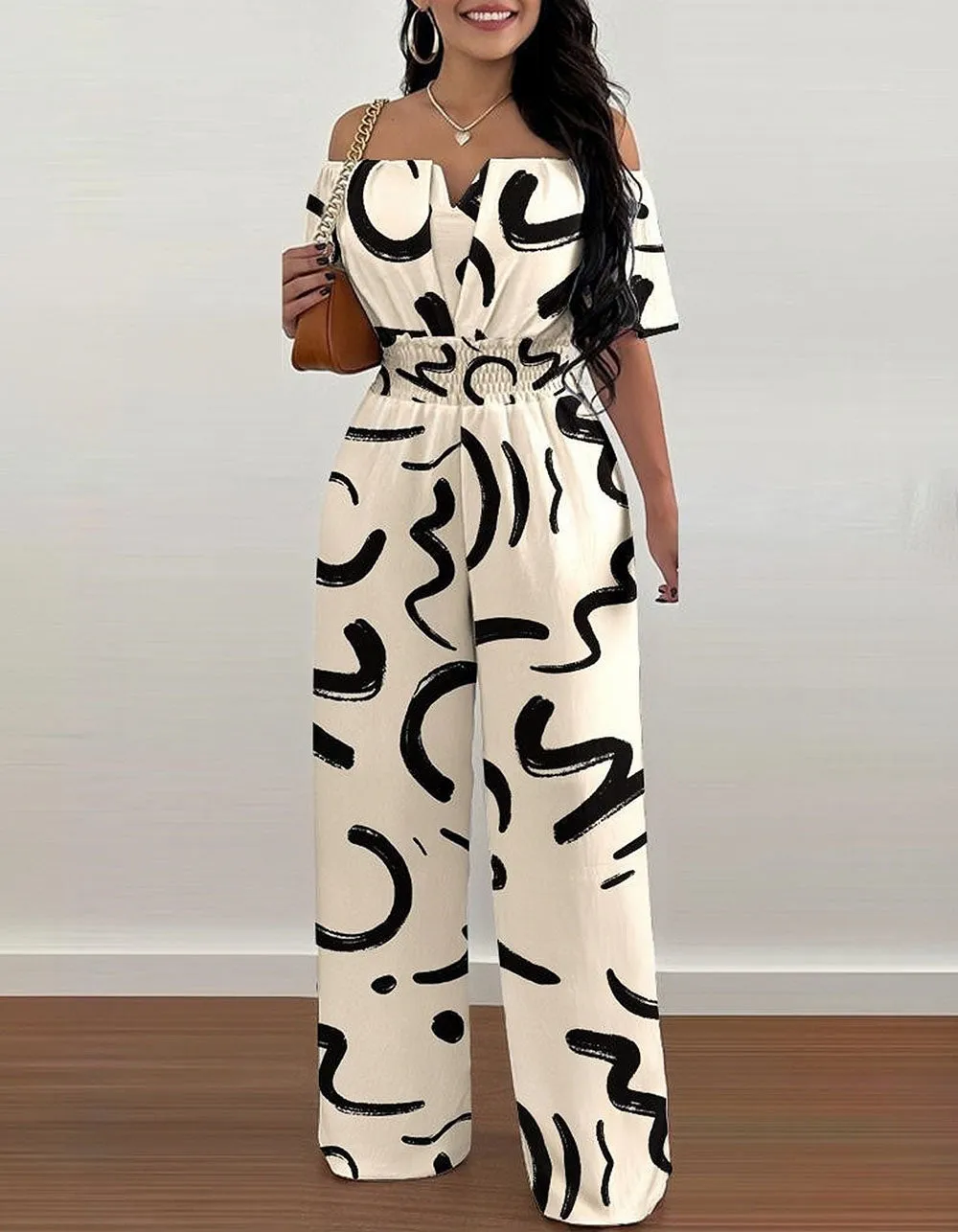Solid-color Plain Off The Shoulder Backless Loose Straight Jumpsuit