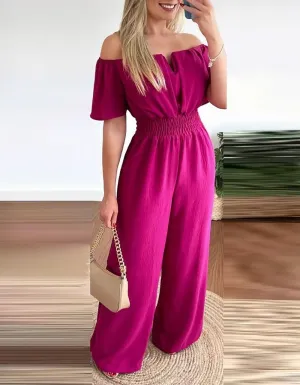 Solid-color Plain Off The Shoulder Backless Loose Straight Jumpsuit