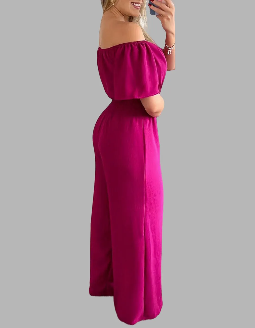 Solid-color Plain Off The Shoulder Backless Loose Straight Jumpsuit