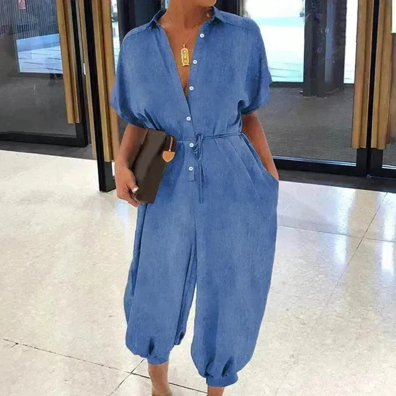 Solid Color Plus Size Casual Short Sleeve Denim Jumpsuit