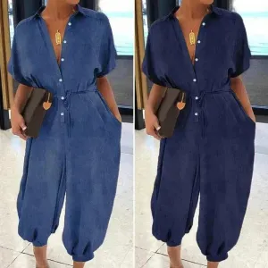 Solid Color Plus Size Casual Short Sleeve Denim Jumpsuit