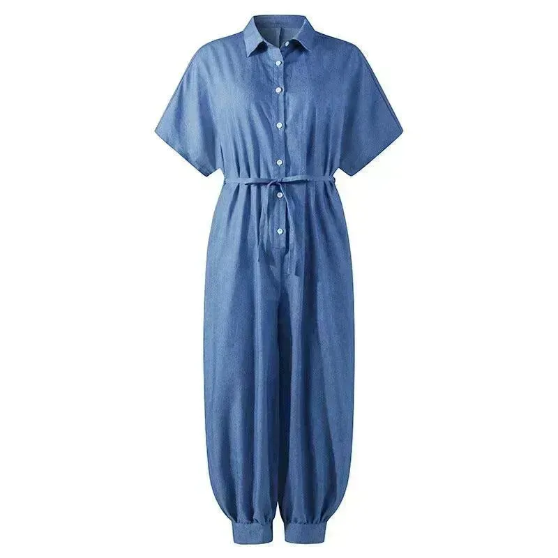 Solid Color Plus Size Casual Short Sleeve Denim Jumpsuit