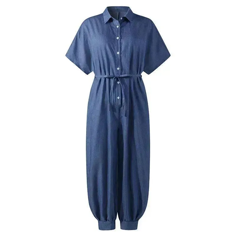 Solid Color Plus Size Casual Short Sleeve Denim Jumpsuit