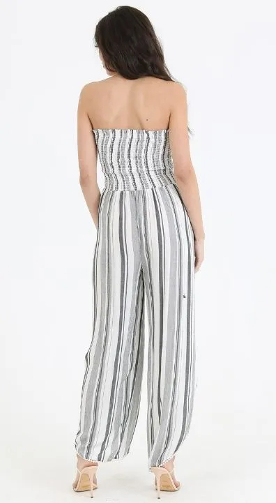 Strapless Smocked Striped Jumpsuit