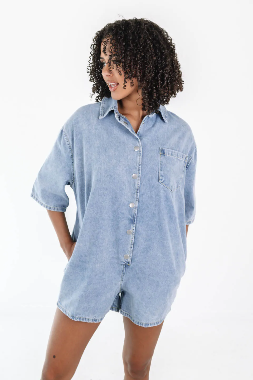 Tailgate Time Denim Romper - Light Denim