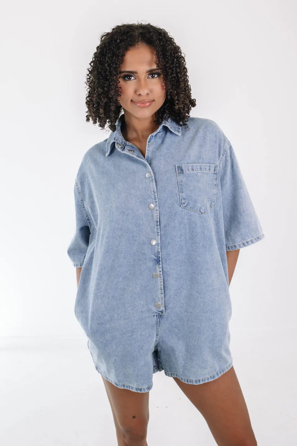 Tailgate Time Denim Romper - Light Denim