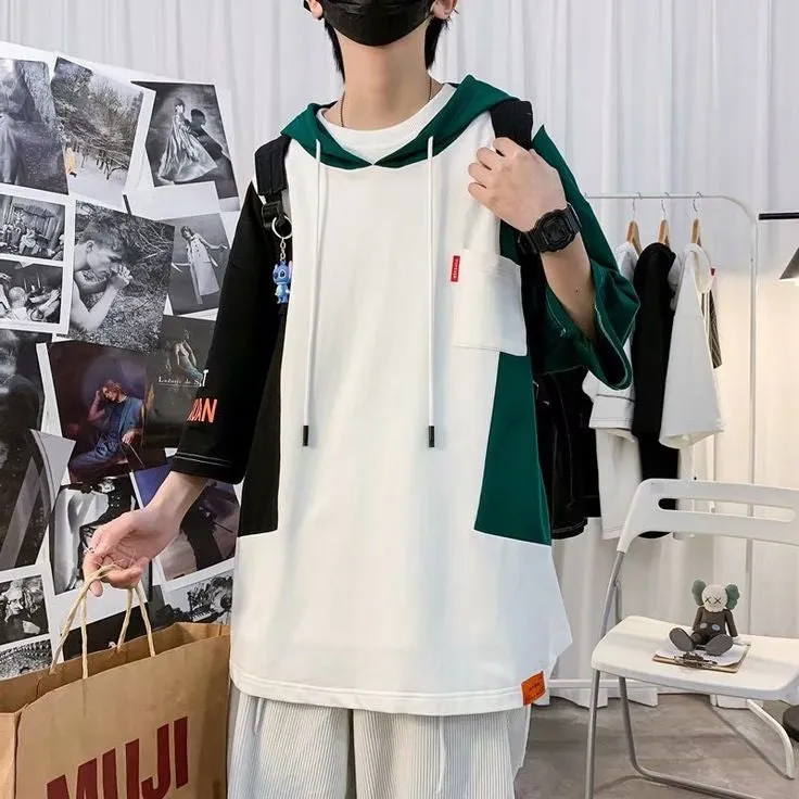Techwear Harajuku Hong kong Streetwear Style Oversized Hip Hop Half Sleeve Hoodie T-shirt For Mens