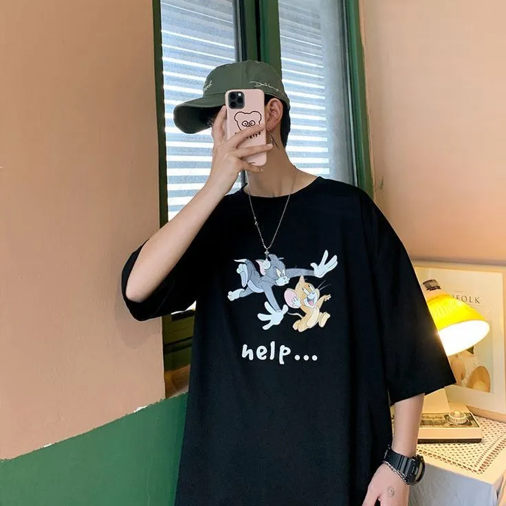 Tom & Jerry Cartoon Print Oversized Casual Style T-shirt For Mens